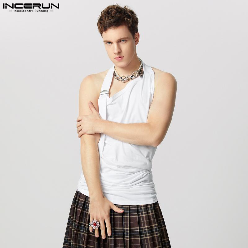 INCERUN Men Halter Irregular Neck Sleeveless Tops Solid Color Ruffled Tanks
