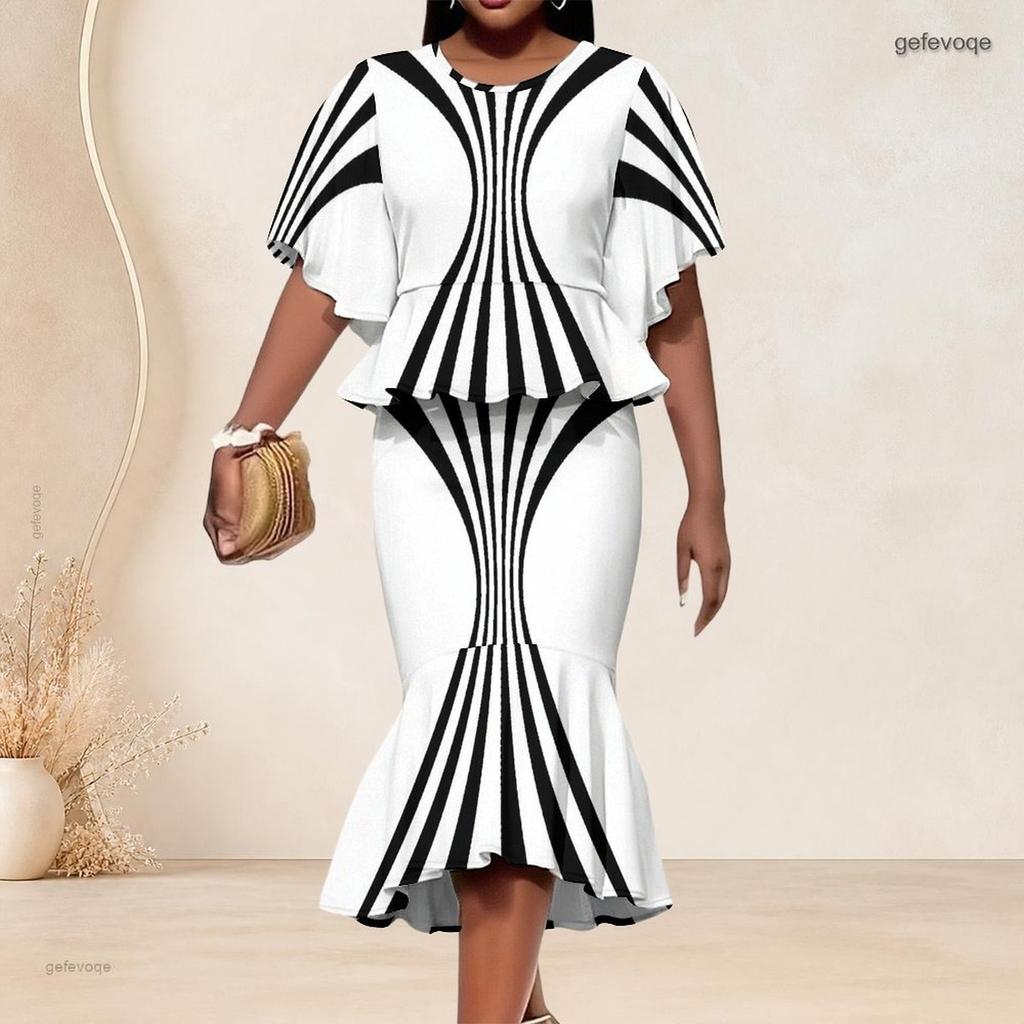 Women Plus Size Black Printed Round Neck Batwing Sleeve Ruffle Hem Top Fishtail Skirt Two Piece Set