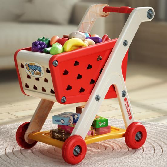 Carrinho de compras infantil de brinquedo com 25 acessórios para frutas, vegetais e alimentos, carrinho de compras de simulação, carrinho de compras de brinquedo