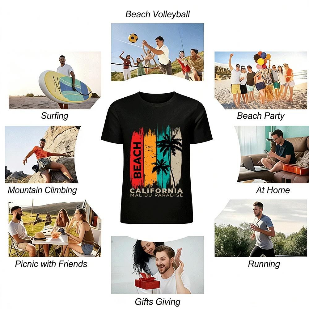 California Malibu Beach Coconut Tree Print Casual T-Shirt Pure Cotton T-shirt