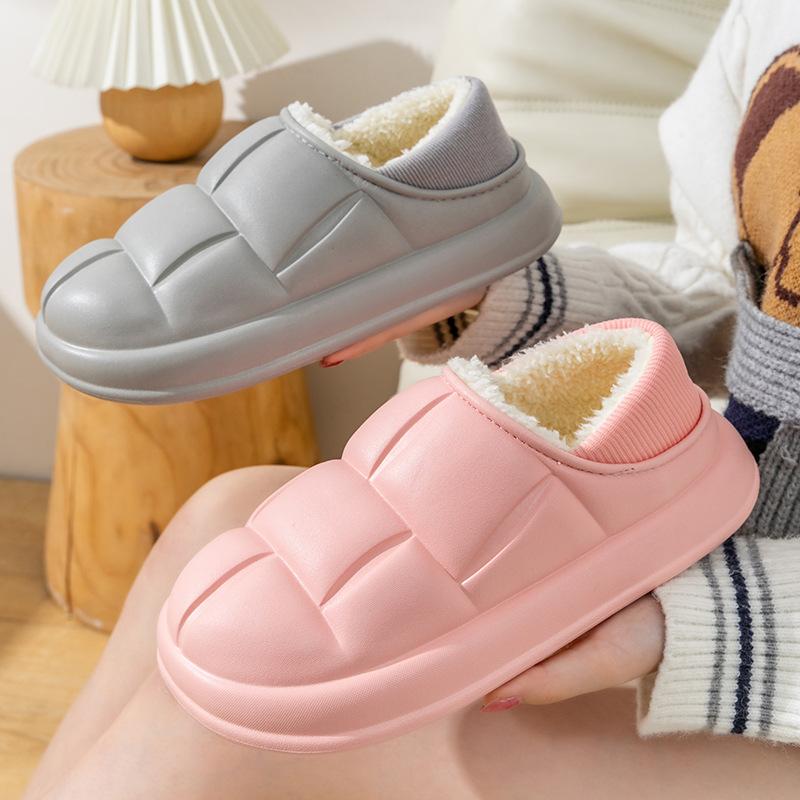 Waterproof cotton slippers autumn and winter bag heel wear plush home indoor plush shoes