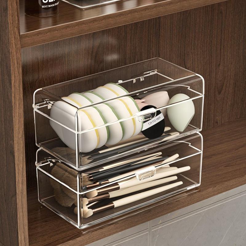 Belüfteter Acryl-Make-up-Organizer mit Trennwänden, Schimmelresistente Aufbewahrungsbox für Puffs, Pinsel, Lippenstifte, Schminkregal für Schlafzimmer