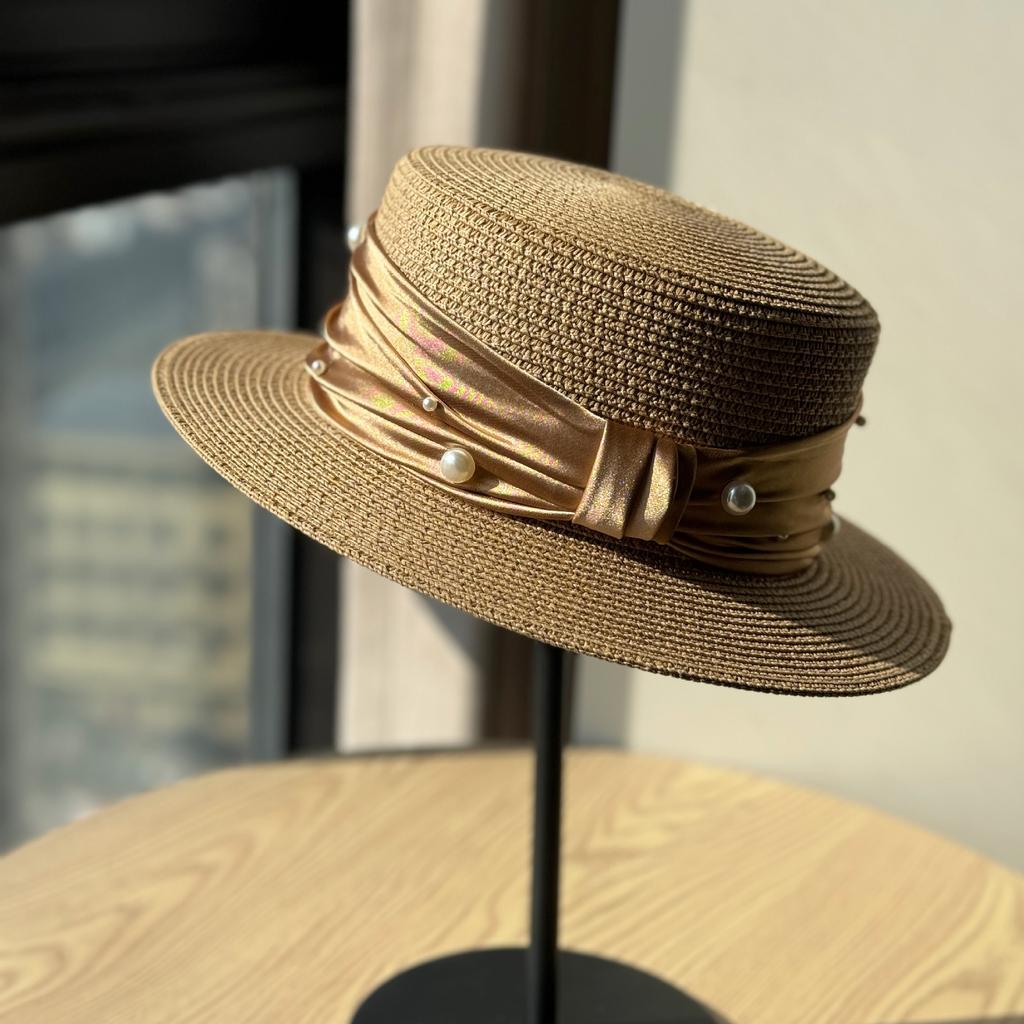 Retro French Pearl Flat Top Top Hat Women's Spring and Summer Travel Sunscreen Sunshade Straw Hat