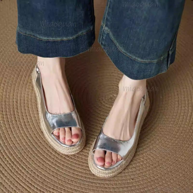 Fashion Women's Round Toe Woven Fish Mouth Slip-On Sandals Summer Outdoor Wear Heightening Platform Sandals Sandalias De Mujer Silver
