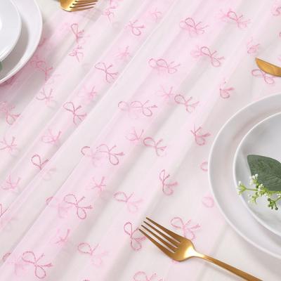 Sött Rosa Rosett Tema Bordslöpare Tyll Genomskinlig Bordsflagga Överdrag Elegant Mjuk Duk Födelsedag Dekoration