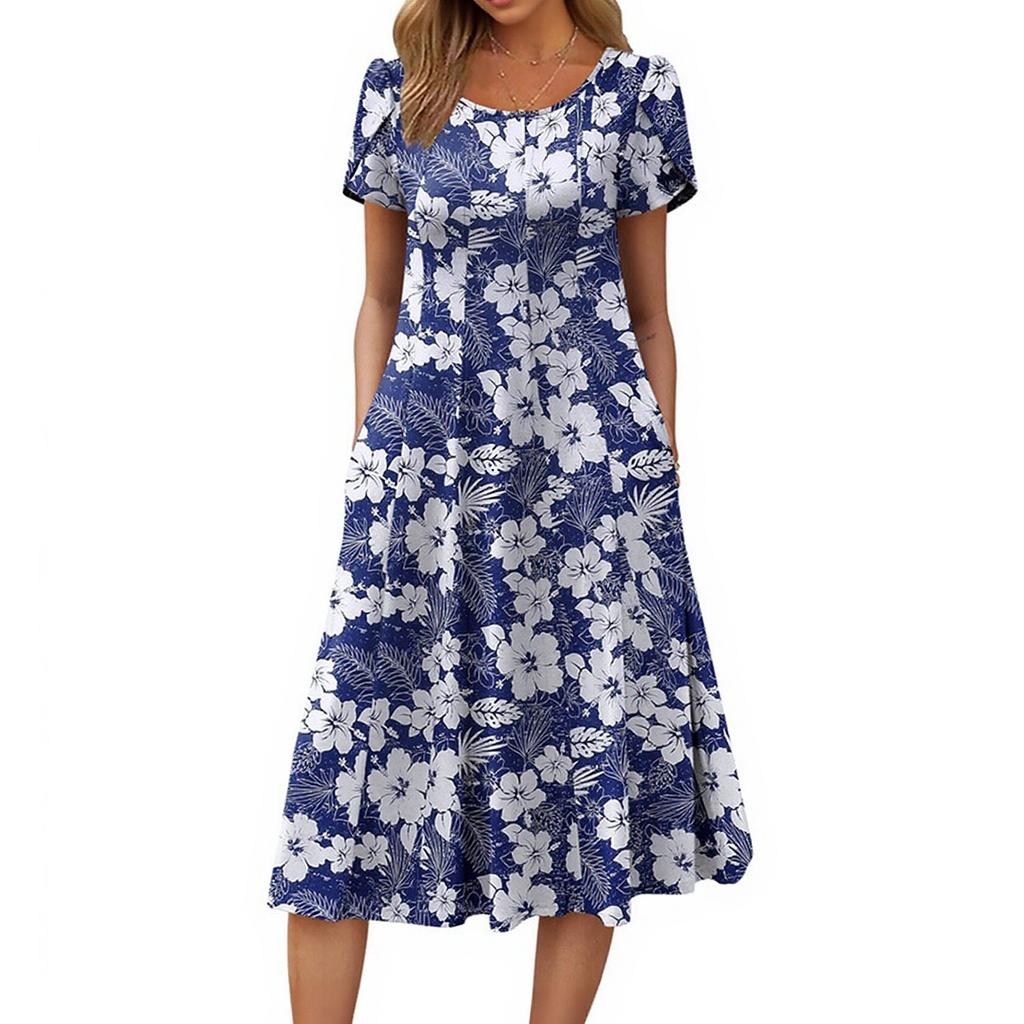Női Divat Tavaszi és Nyári Ruha Alkalmi Rövid Ujjú Kerek Nyakú Elegáns Középhosszúságú Strandruha