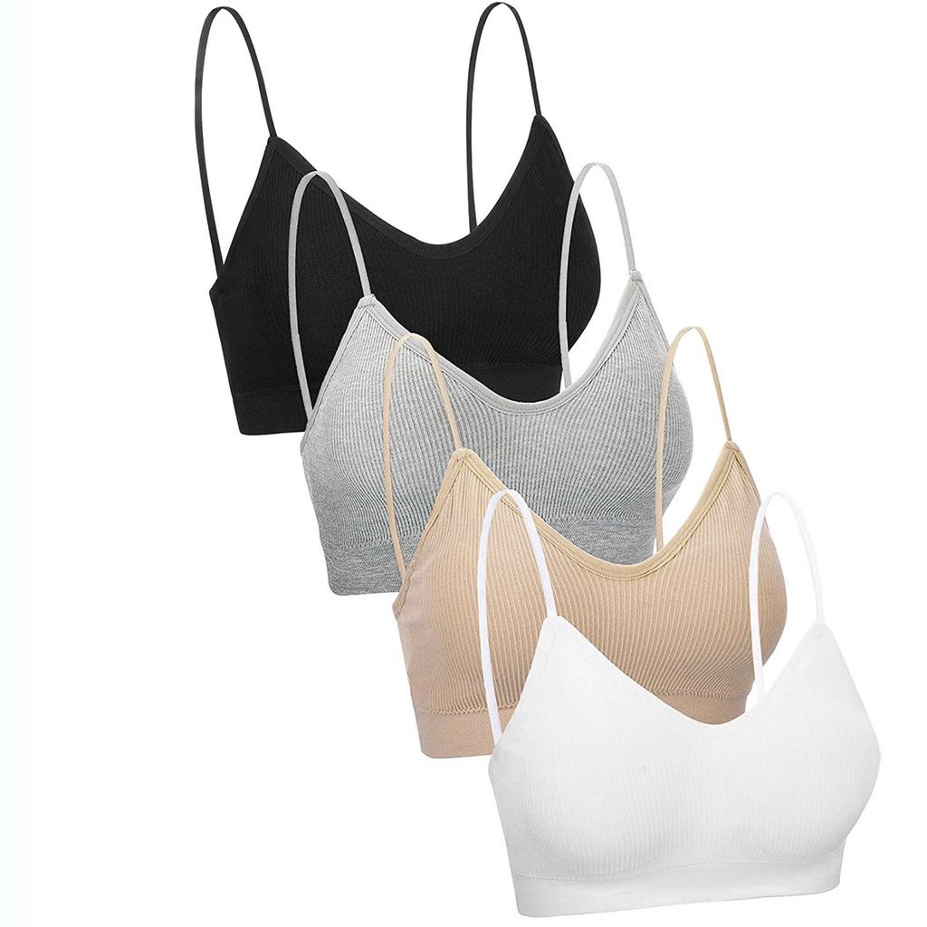 4PC Women's Seamless Wireless Bralette Crop Tops Soft Stretchy Ribbed Fabric Lightweight Casual Undergarments with Adjustable Straps