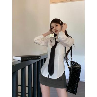 Women Blouses White Y2k Long Sleeve Embroidery Shirts with Tie Korean Fashion Slim Lolita Harajuku JK Tops