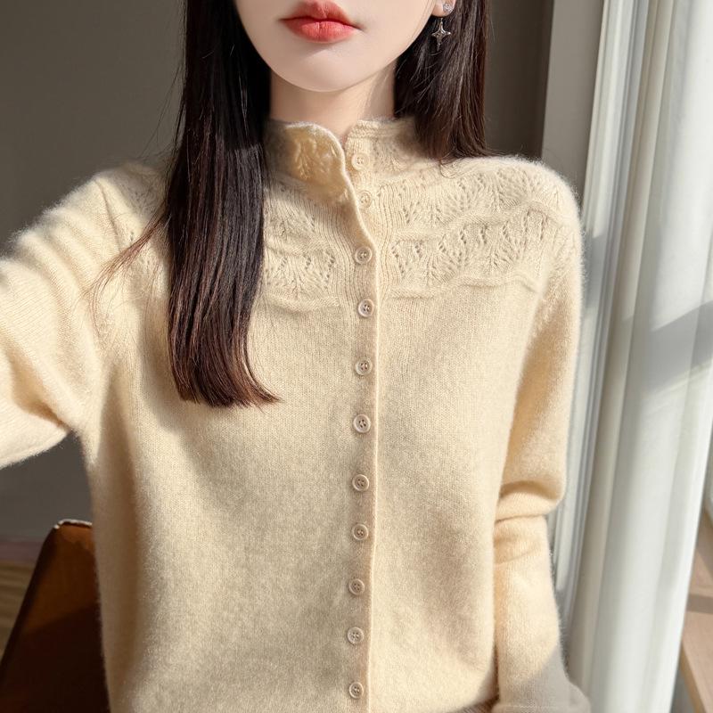 Velvet Knit Cardigan: Women's Half-High Collar, Thick Wave Pattern, Seven-Needle Crochet Sweater