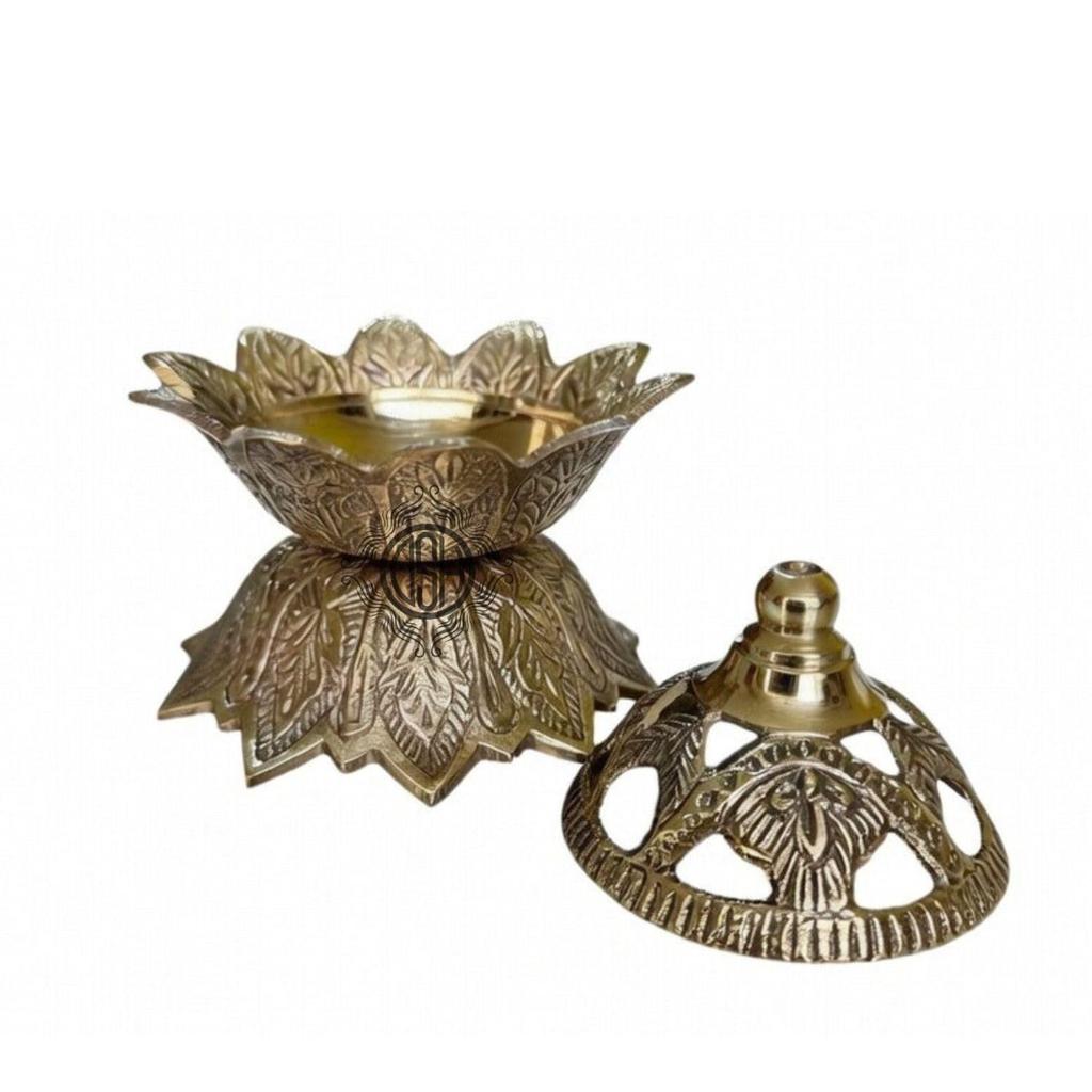 DSH Flower Design Dhoop Dani Brass Dhuna Loban Burner Round Dhooni