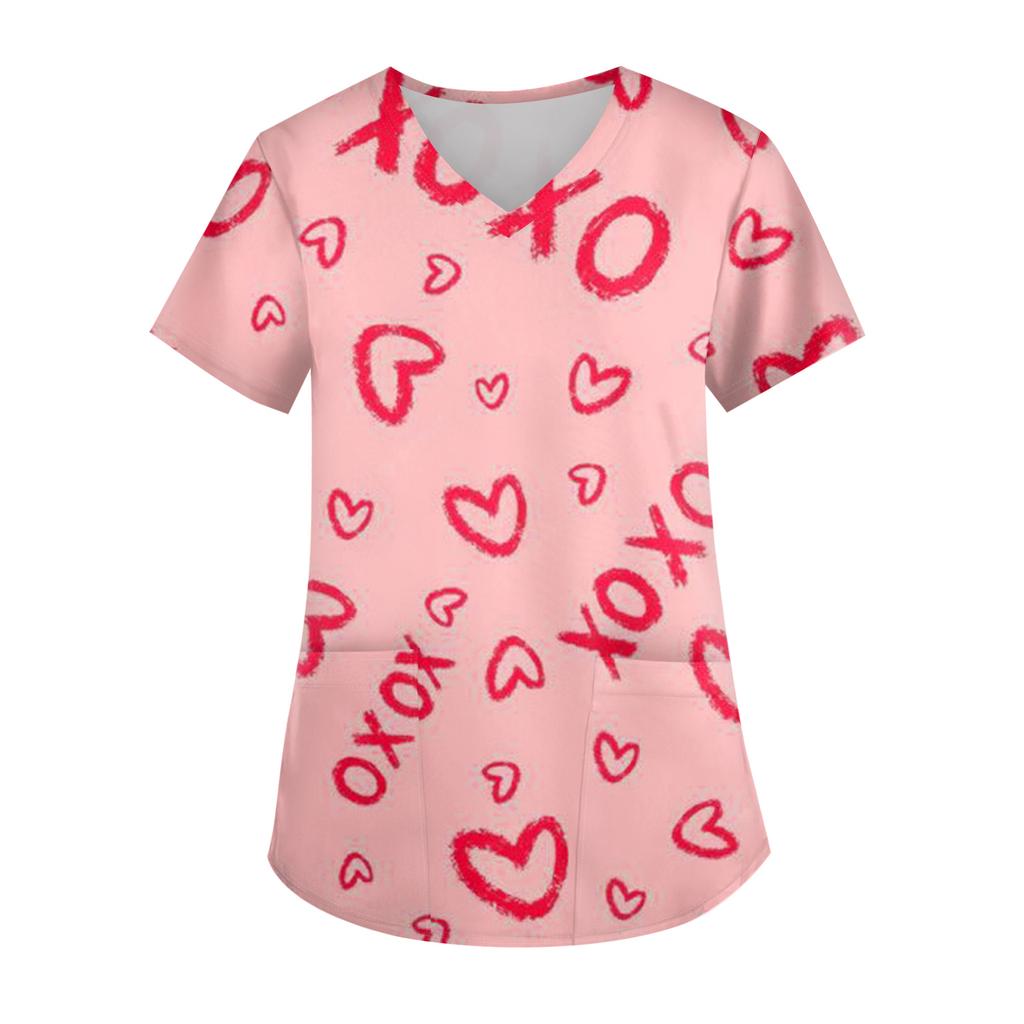 Ladies' Valentine's Day Printed Fashionable V-neck Pocket Short Sleeved Uniform And Caregiver Top