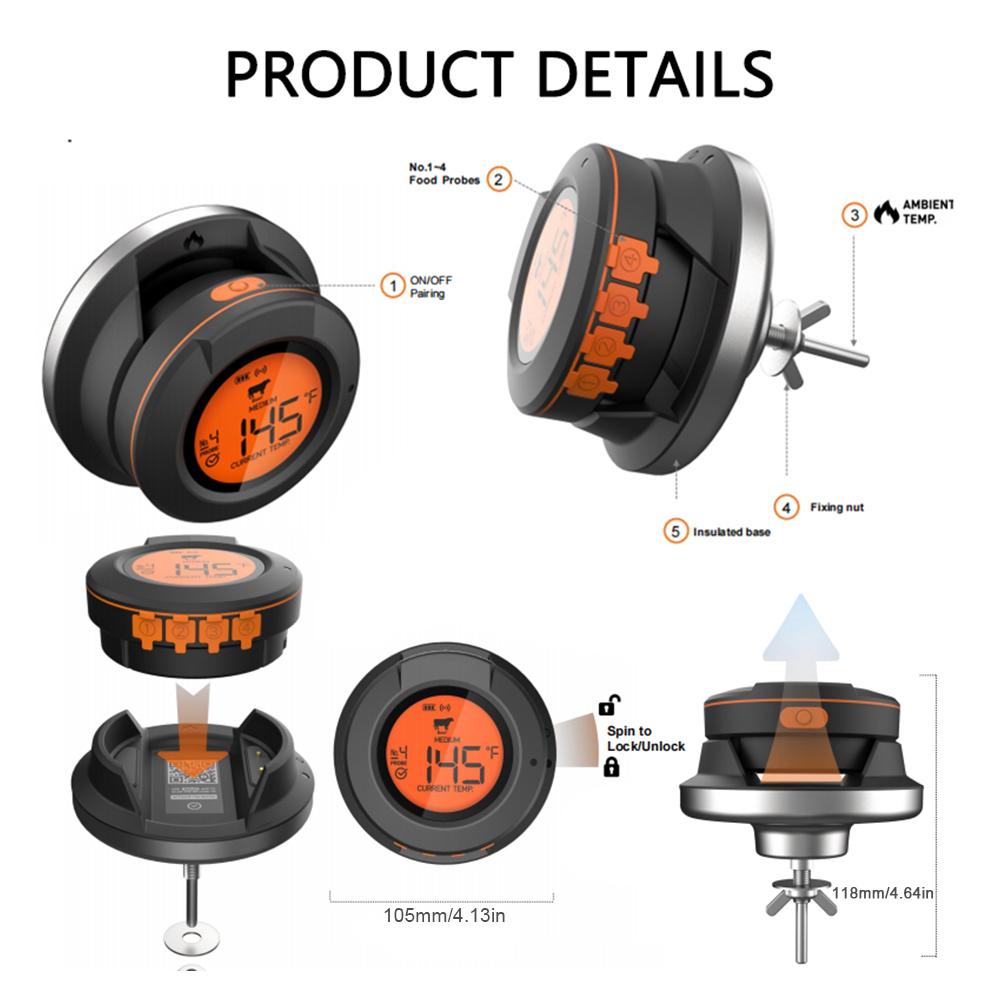 Wireless Meat Thermometer with 2 Probes 164FT BT4.2 APP Control IP64 Waterproof Meat Thermometer