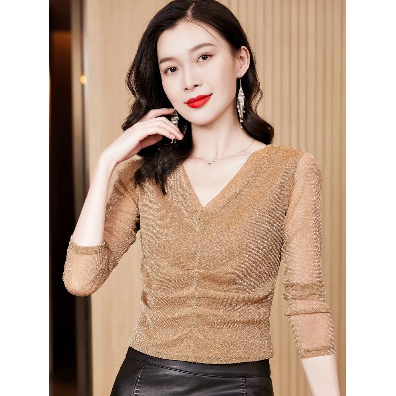 

Рубашка из сетчатой основы для женщин, тонкая, весенняя и осенняя, с длинными рукавами, из тюля, модная рубашка для ранней осени XXXL