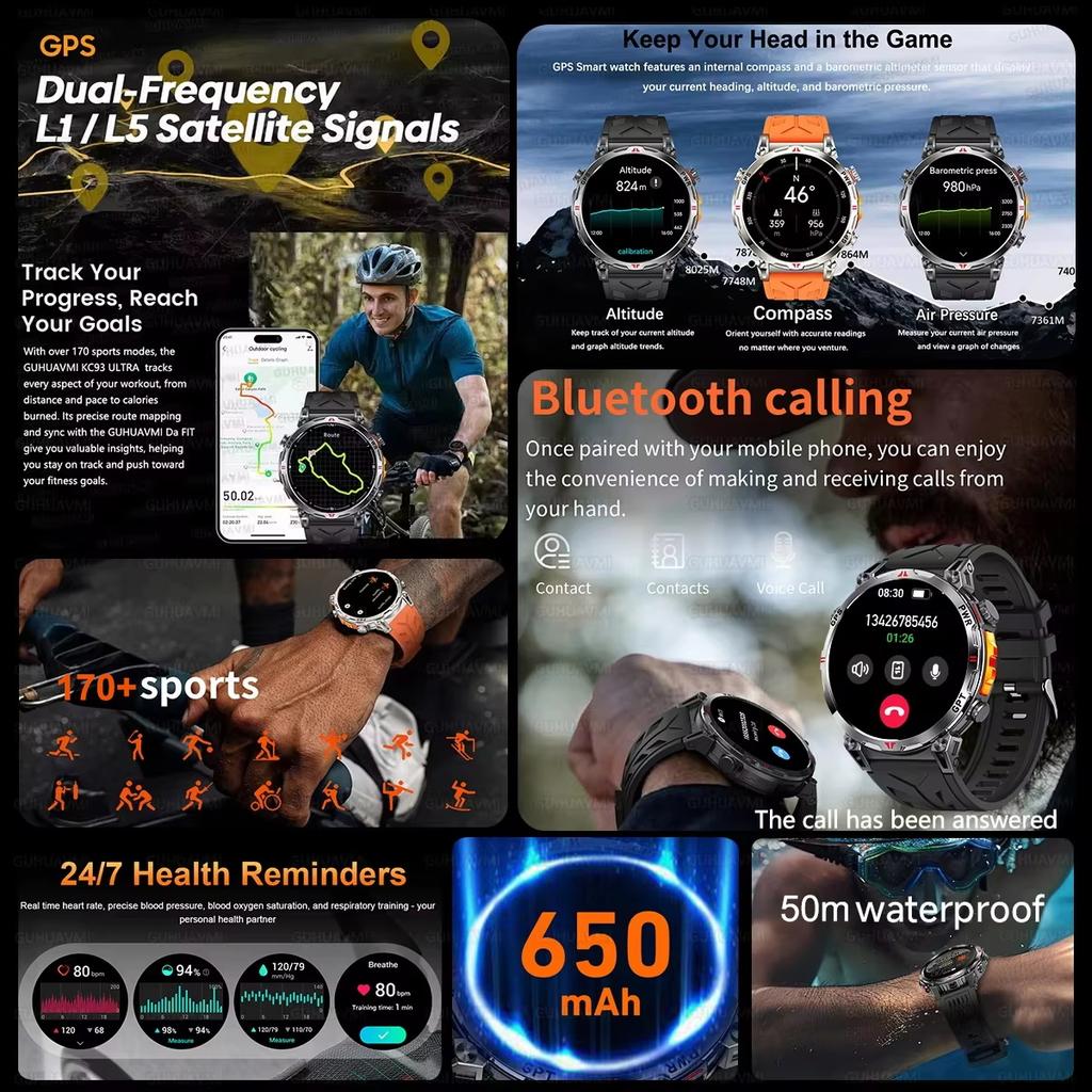 Outdoor GPS Sports Smart Watch Men Built in GPS Compass 5ATM Waterproof Bluetooth Call HD AMOLED Screen Fitness Smartwatch