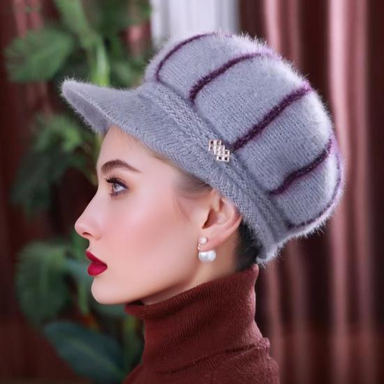 Women Winter Hat Thick Warm Knitted Hat Soft Velvet Slouchy Cap with Visor Brim for Middle-Aged And Elderly Ladies