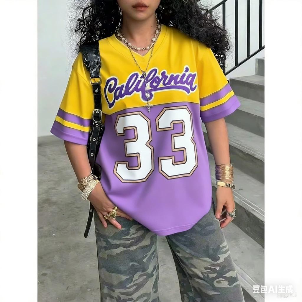 Women's Girls Casual Personality Number & Letter Printing Soccer Pattern Color Block Short Sleeve V-Neck Children T-shirt Tops