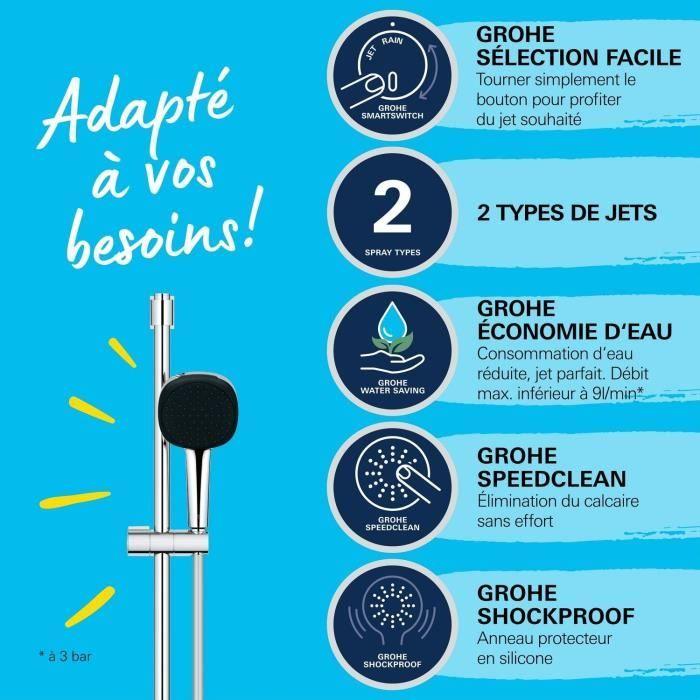 Ensemble de douche avec pommeau 2 jets, barre et flexible - GROHE Vitalio Comfort 110 26398001 - Sélection facile - Economie d'eau