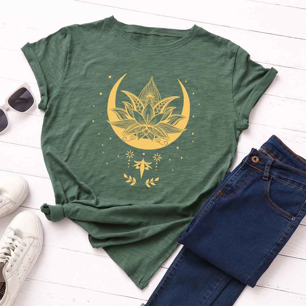 Creative Starry Sky Lotus Pattern Cotton Loose Round Neck Short Sleeved Women's T-shirts