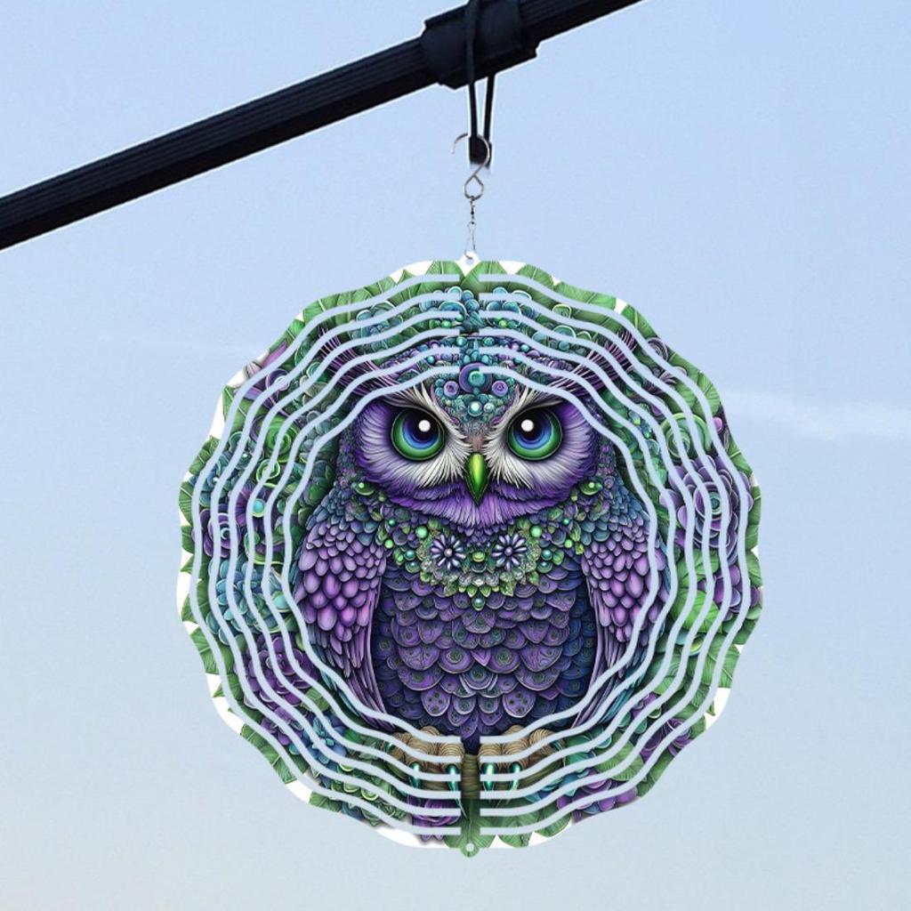 Vibrant 10-Inch Metal Wind Chime with Colorful Owl Design, 360° Rotating Hook - Battery-Free