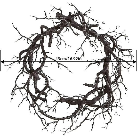 Black Wreath for Front Door, Halloween Wreath with Lights, Twig Wreath Halloween Lighted Garland Outdoor Halloween Decorations, Glitter Black Wreaths