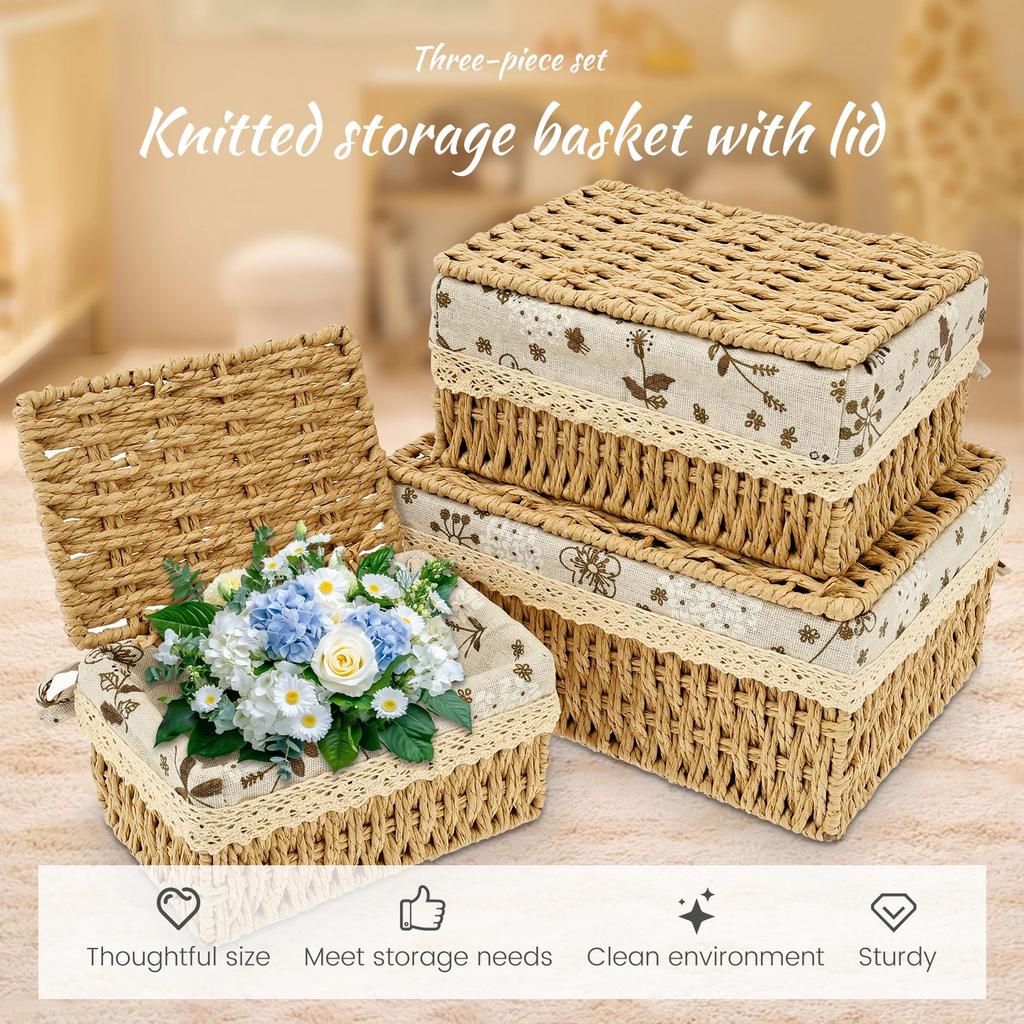 3Pcs Rattan Woven Storage Basket Stackable Food Towels Clothing Basket Cosmetic Rectangular Storage Box Home Kitchen Supplies
