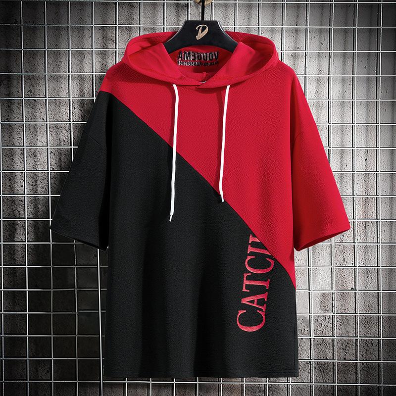 Летняя футболка с короткими рукавами мужская свободная повседневная с капюшоном с короткими рукавами мужская XXXL красный 1809₽