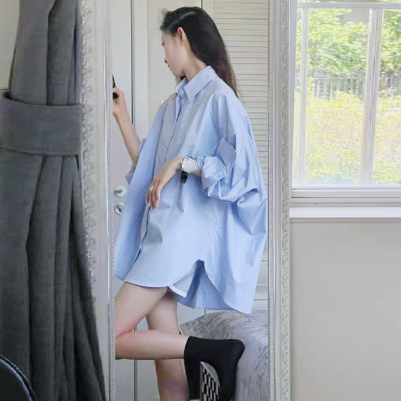 

Синяя рубашка топ женская весна новый дизайн нишевая свободная рубашка L светло-синий