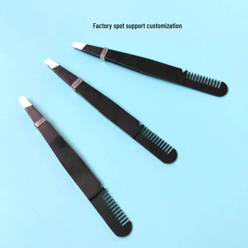 

Black Slanted Tip Eyebrow Tweezers with Comb for Plucking Hair and Beard