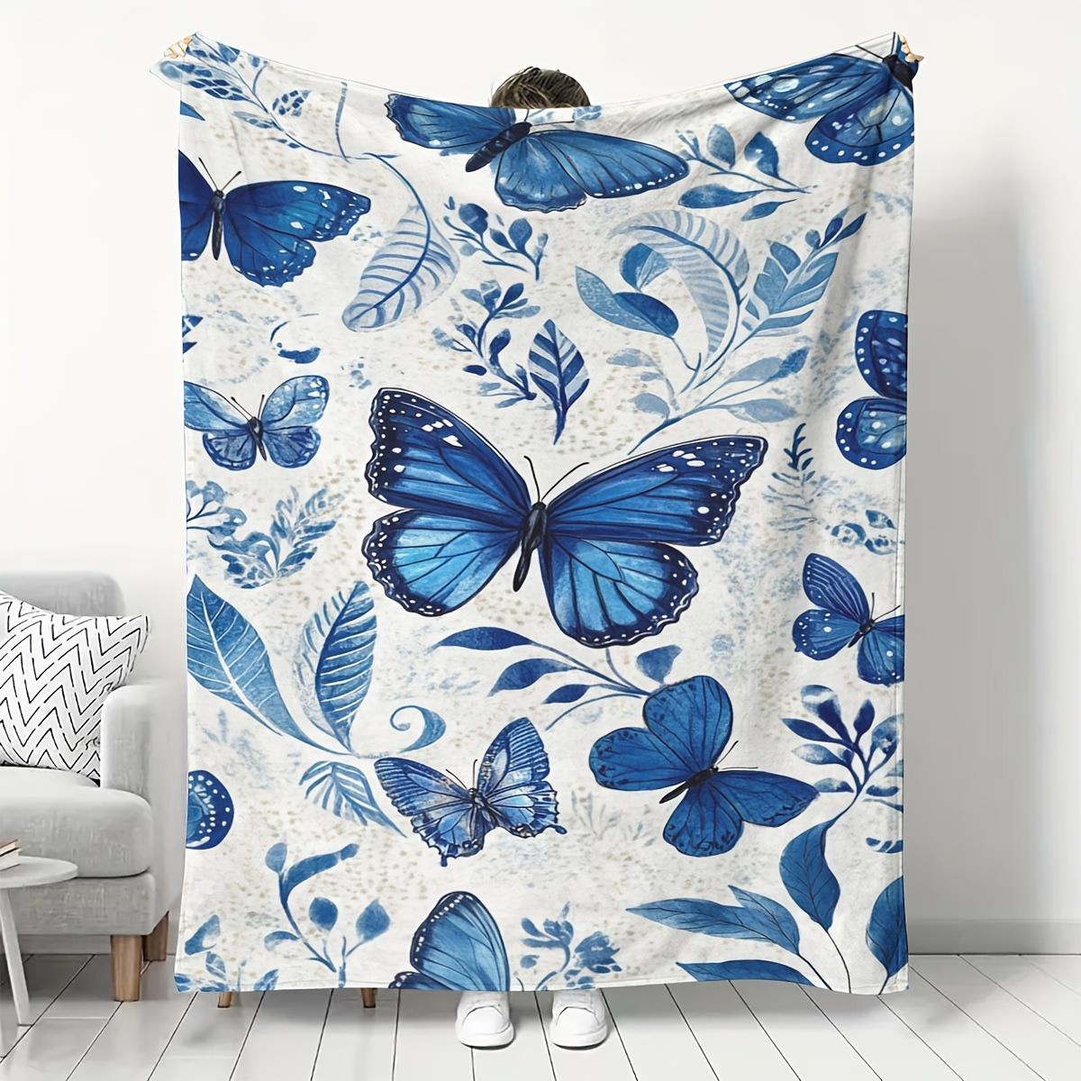 

1pc Blue butterfly pattern blanket polyester fabric machine washable suitable for bedroom and living room décor 75x100cm