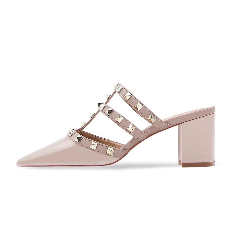 New nude patent leather thick heel high heel bag head half slippers women wear versatile rivets pointed cool slippers summer