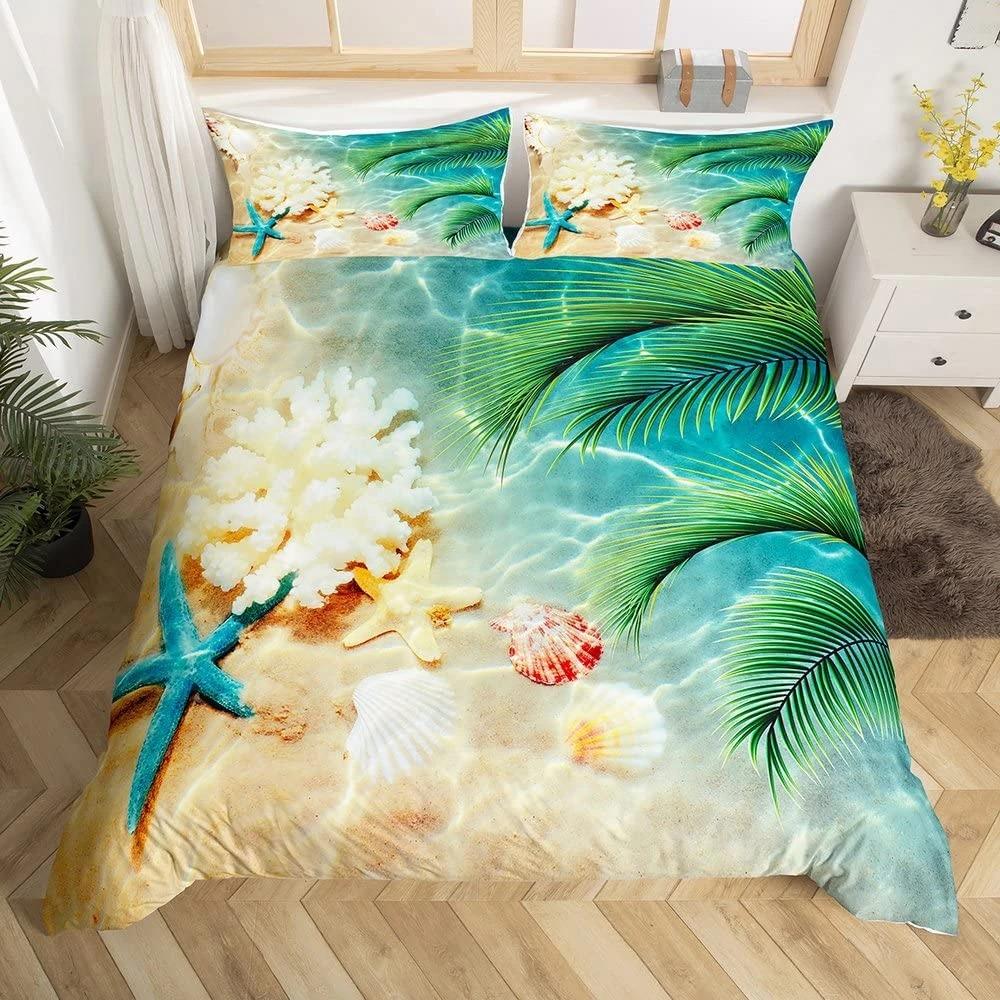 Summer Beach Duvet Cover Set Queen Ocean Bedding Set Hawaiian Palm Trees Marine Life Sea Waves Fish Printed Comforter Cover Set