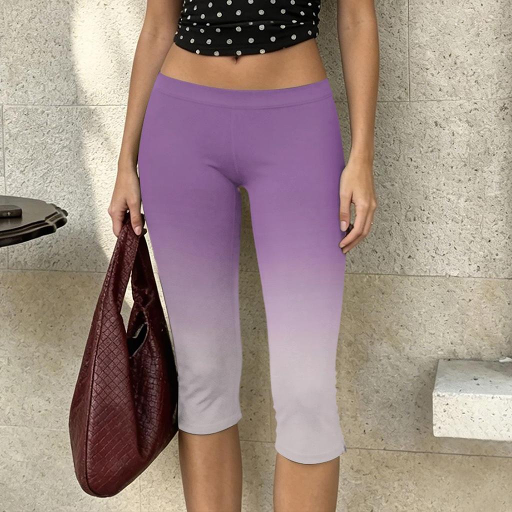 Women Milk Silk Gradient Print Casual Pants Mid Waist Stretchy Slim Fit Cropped Length Soft Lightweight Bottoms for Daily Wear