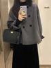 Petite Women's Retro Gray Woolen Coat with Peter Pan Collar, Thickened for Autumn/Winter Korean Hepburn Style.