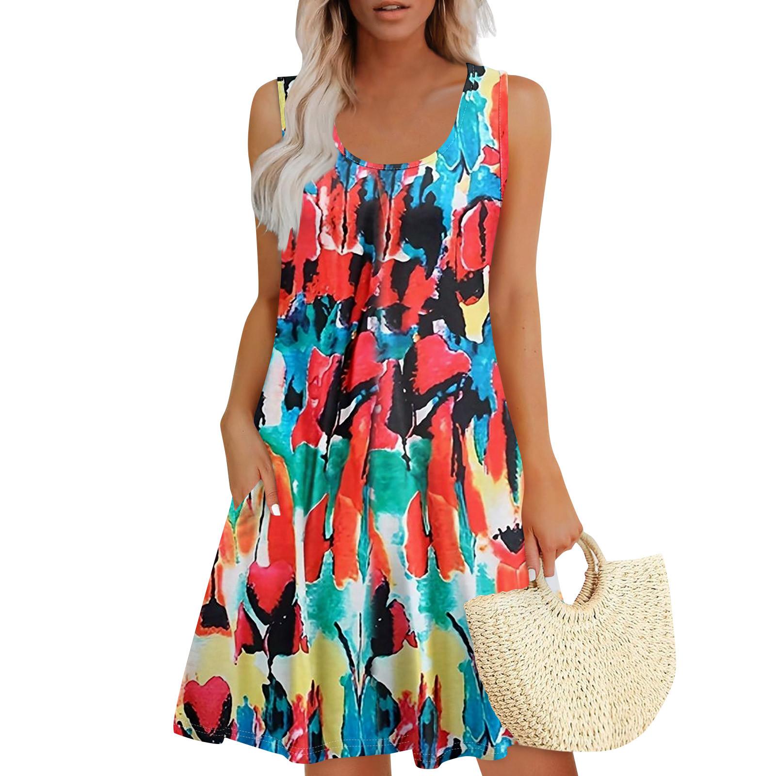 

Женские летние платья, свободные сарафаны без рукавов с U-образным вырезом и карманами XXXL