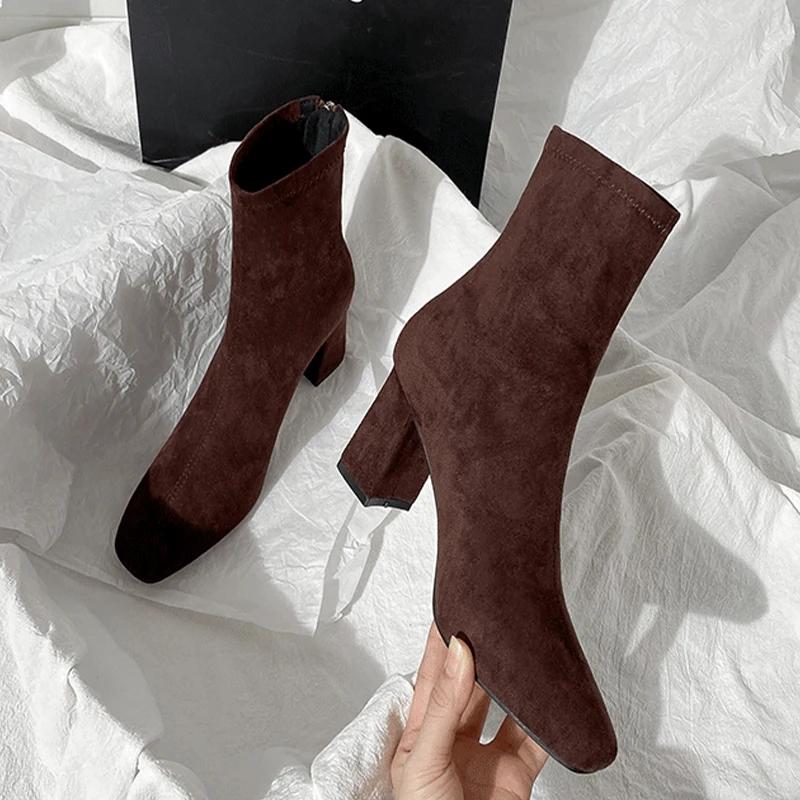 модные туфли на высоком каблуке женские замшевые ботильоны зимние дизайнерские туфли — фото 4