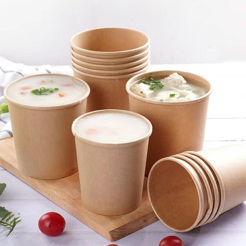 10PCS Disposable Takeaway Packing Boxes with Lid Round Paper Soup Bucket Kraft Paper Lunch Box