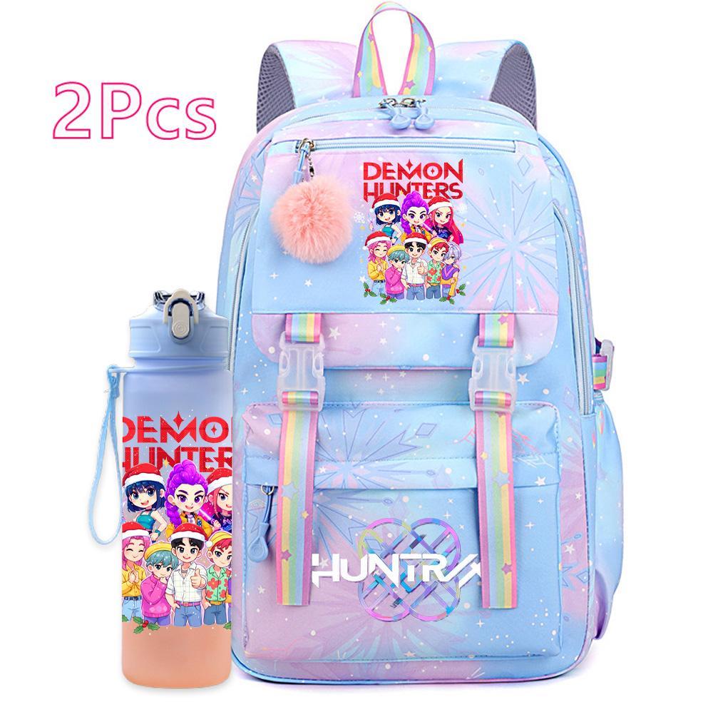 2Pcs/set Christmas K-pop Printed Backpack with 750Ml Water Bottler Large Capacity Travel Bag for Teenager Girl Boy Bookbag Kid Gift Large Capacity Bag