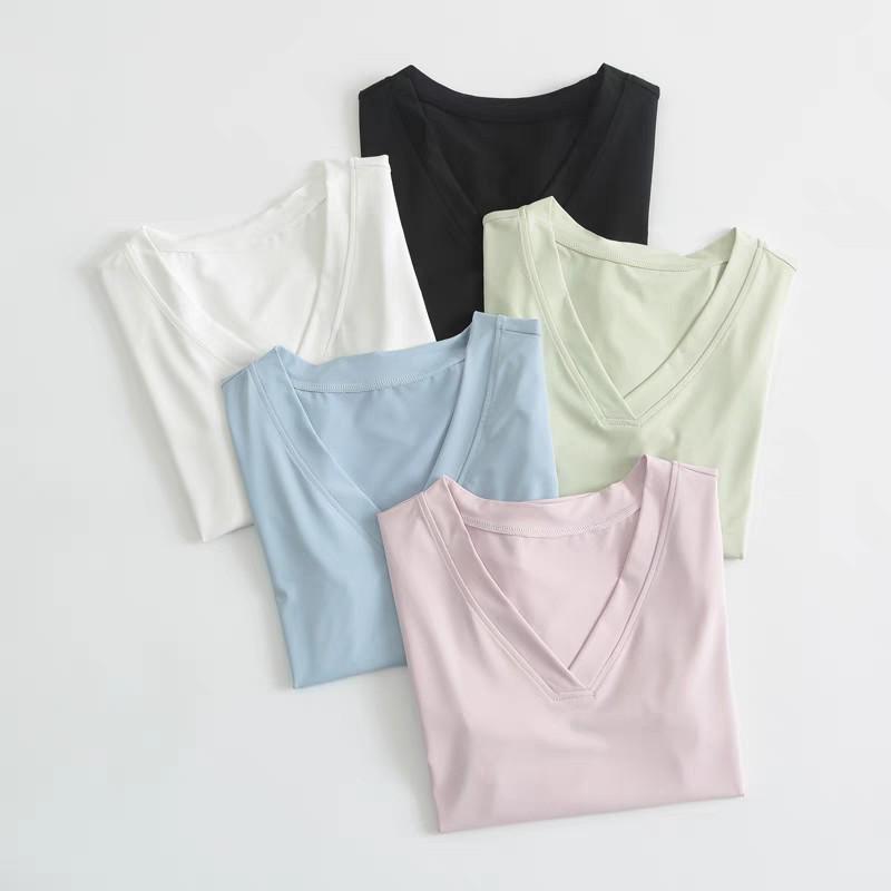 Dámské topy na jógu s krátkým rukávem a výstřihem do V, rychleschnoucí, na jaro a léto - Zeštíhlující, Ideální na pilates, fitness, běh a sport
