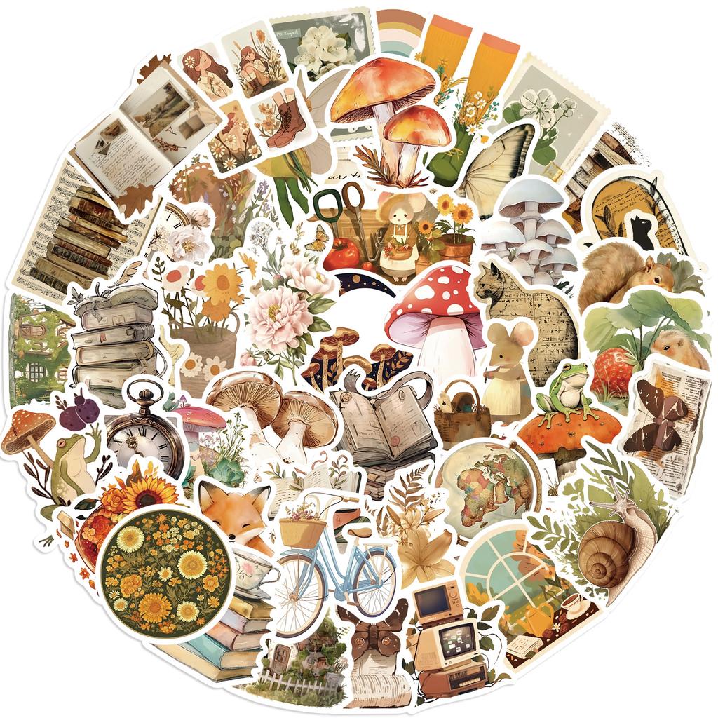 50pcs Vintage Animal Flower PVC Sticker Aesthetic Children's Stationery DIY Decoration Scrapbooking School Supplies