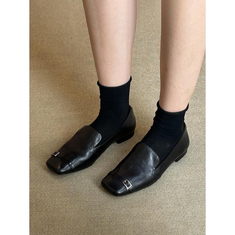Sheepskin Version~ Retro British Style Leather Square Head One-pedal Loafers Women's Design Sense Niche Flat-bottomed Small Leather Shoes
