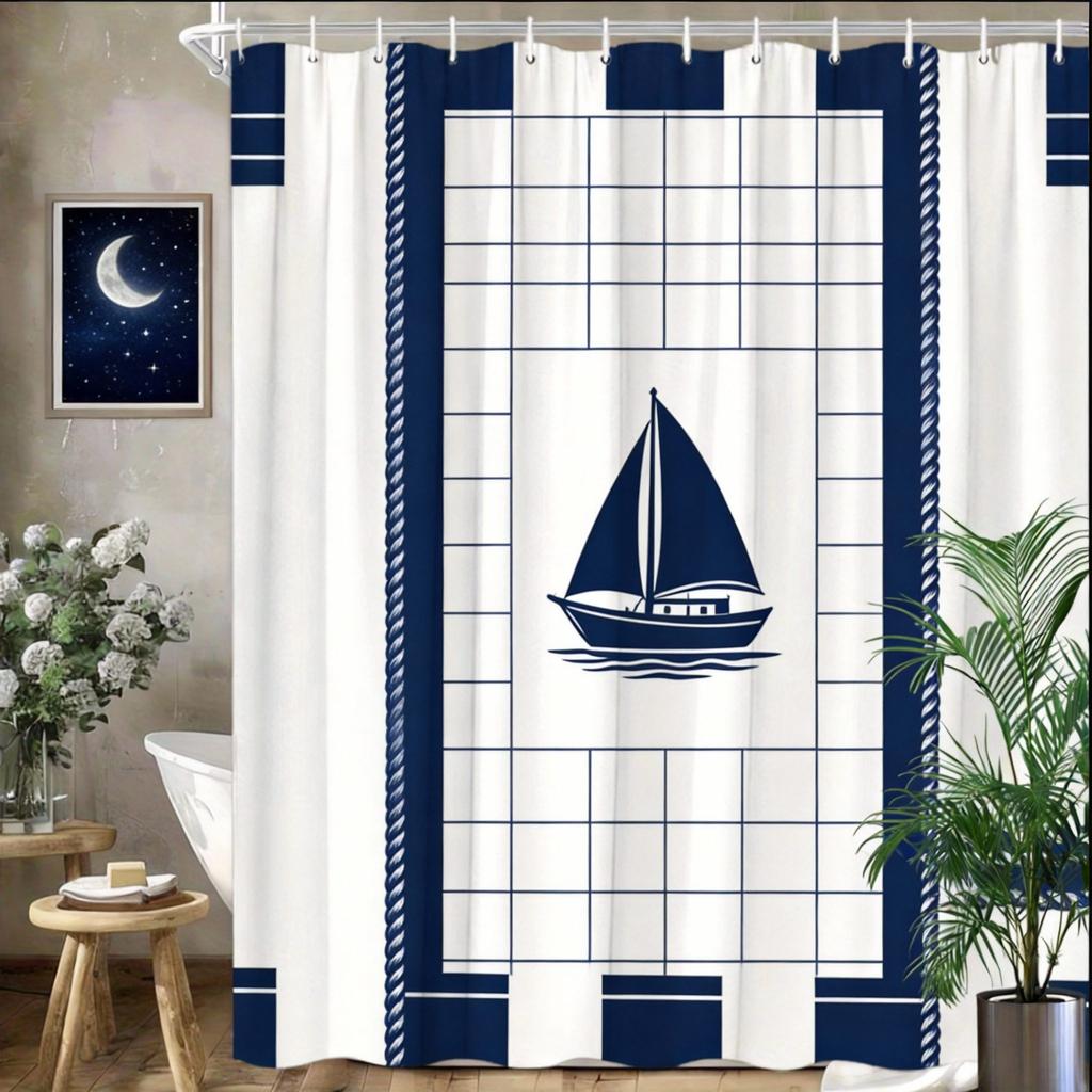 Nautical Shower Curtain 180x180cm – Dark Blue Anchor & Rope Design, Coastal Bathroom Decor, 12 Hooks
