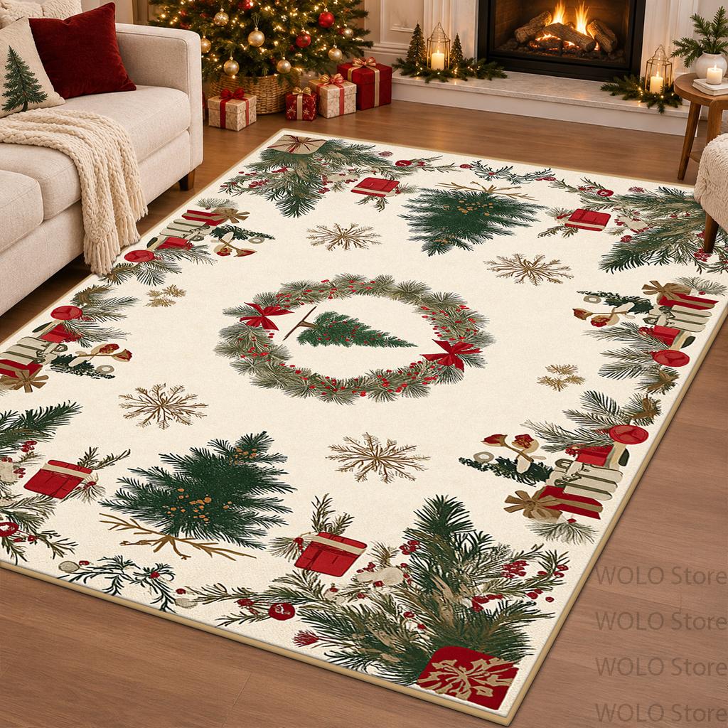 Christmas Atmosphere Cute Puppy Large Area Soft Carpet Cozy Foliage Red Berry Border Living Room Rug Non-slip Washable Decor Mat