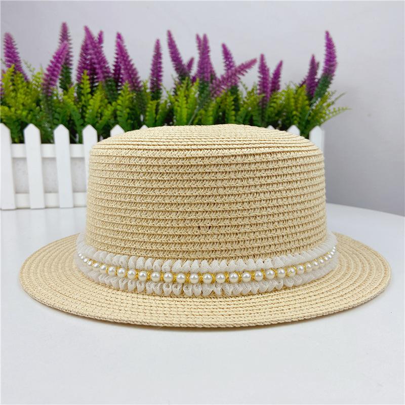 Summer small eaves straw weaving flat top flat eaves lace pearl bead grass hat sunscreen travel Internet celebrity women's Xiaoxiang style