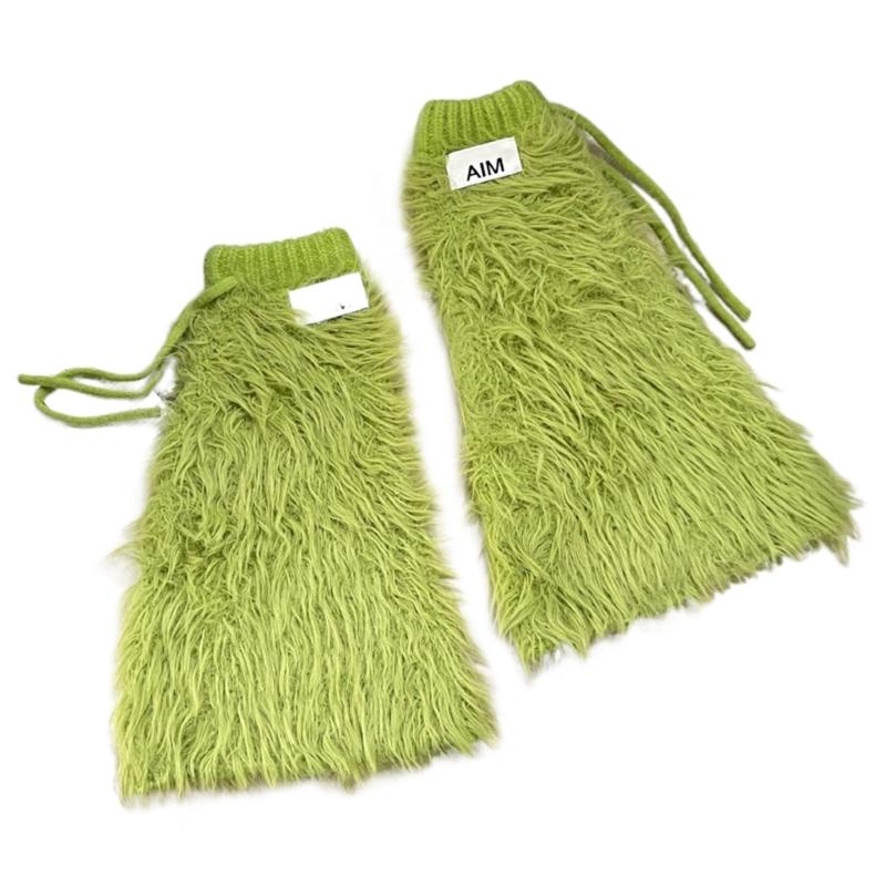 Womens Y2K Girls Winter Furry Leg Warmer wtih Drawstring Harajuku Letter Label Furry Plush Flared Boot Cover Long Socks