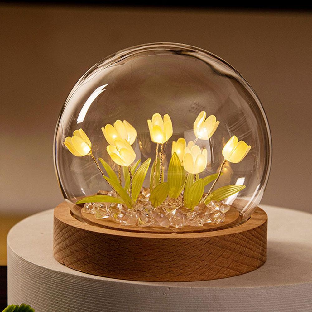 Tulip Flower Night Light With Glass Cover Handmade DIY Bedside Light LED Night Lamp Table Desk Lamp Bedroom Decor USB Mood Light