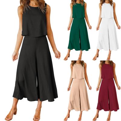 Women's Summer 2-Piece Set Round Neck Sleeveless Top Wide Leg Pants Set Jumpsuit Summer Cotton Linen Casual Suit