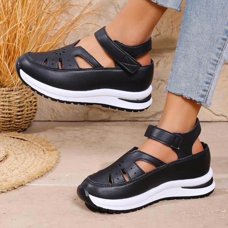 Summer New Slope Heel Sandals Bag Head Hollow Breathable Women's Large Size Muffin Thick Sole Velcro Women's Shoes
