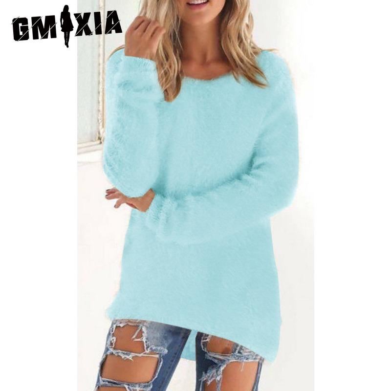 GMXIA Women's Fashion Casual Solid Color Print Autumn Winter Long Sleeve O-Neck Loose Sweaters