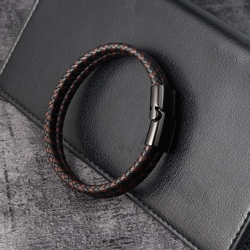 Fashion Genuine Leather Bracelet for Men Brown Black Rope Chain Stainless Steel Clasp Magnetic Punk Jewelry Cool Gift