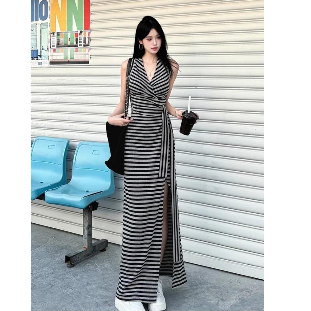 Summer fashion style design sense V-neck sleeveless thin waist strap slim split fork straight dress women